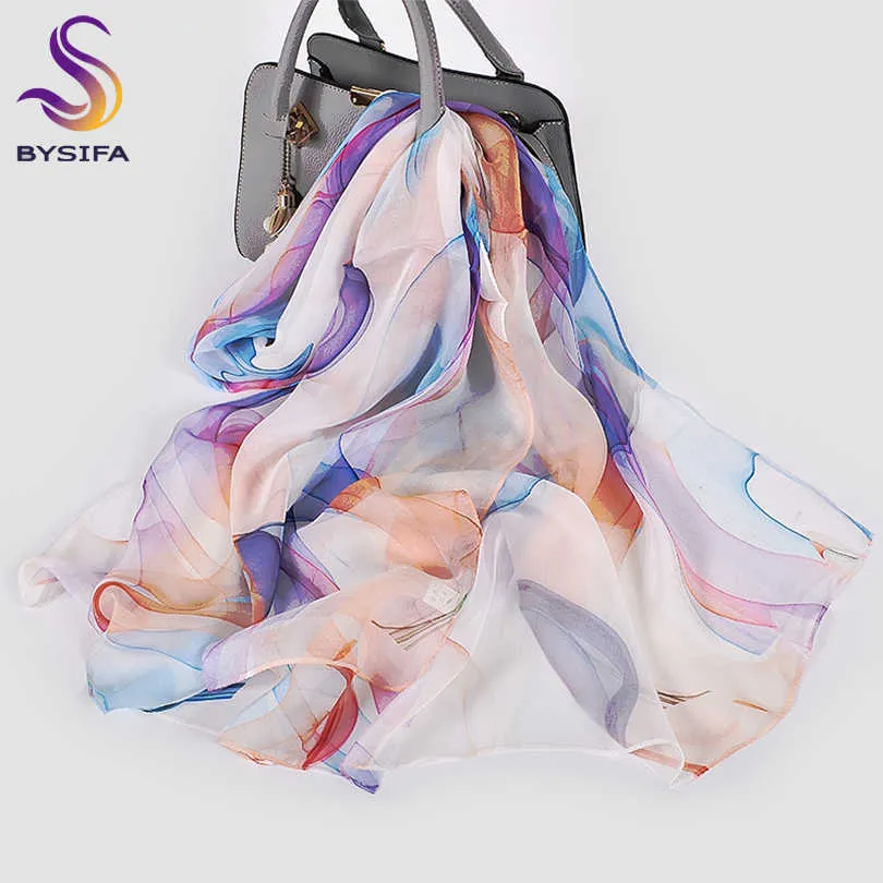 [Bysifa] Chiffon Pure Silk Ladies Sciarpa 2020 Nuovo Design Long 100% Scialle Scialle Sciarpa Donne Blu viola Sciarpe di seta sottile Echarpes X0722