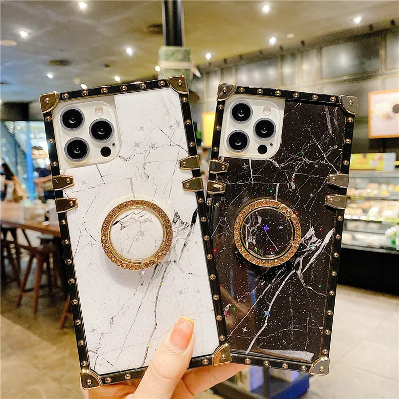 Luxury Marble Epoxy Square Phone Fodral För Samsung Galaxy S21 S20 Not20 Ultra S10 S9 A71 A51 A72 A52 Fashion Ring Bracket Soft Silicone Anti-Fall Cover