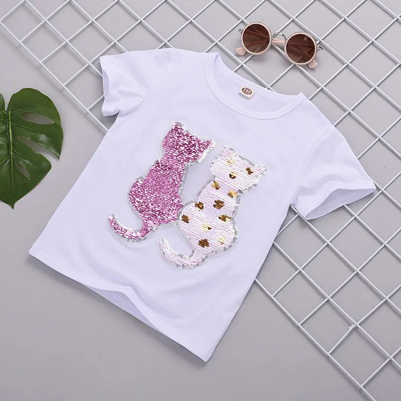 Kız T-Shirt Karikatür Kedi Kız Üst Değiştirilebilir Payetler Çocuklar Tshirt Genç Çocuklar Yaz Giysileri 6 8 10 12 13 14 Yıl 210302 73 Z2