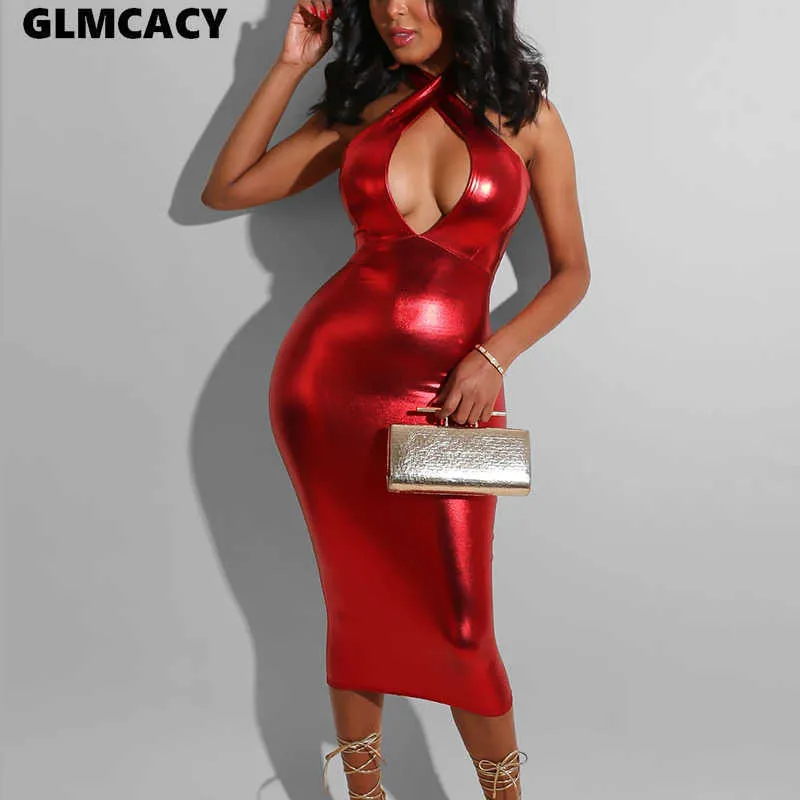 Women Plus Size Halter Backless Bodycon Dress Low Cut Out Sleeveless Solid Slim Sexy & Club Cocktail Party Vestido 210702