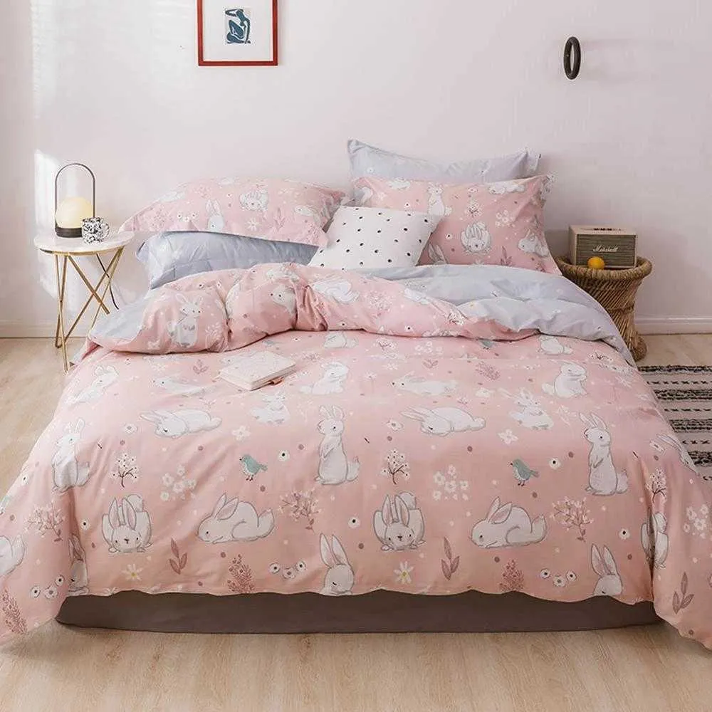 Blanc Lapin Lapin Rose Housse de Couette Coton Literie Twin Queen King Drap Plat Drap-Housse Literie T200414