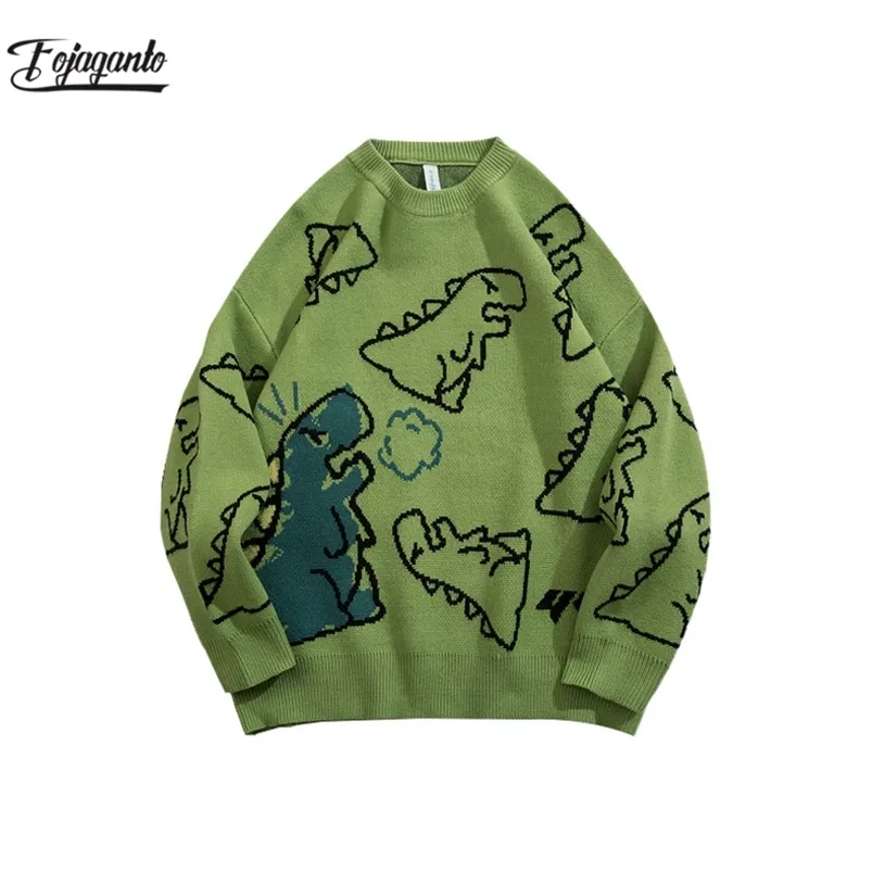 FOJAGANTO Sweater Men Harajuku Knitted Hip Hop Streetwear Dinosaur Cartoon Pullover O-Neck Oversize Couple Casual Men's Sweaters 210818