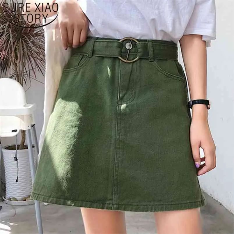 Sommar mode kvinnor kjolar denim hög midja a-line mini med bälte solid jean hajuku 6066 50 210506