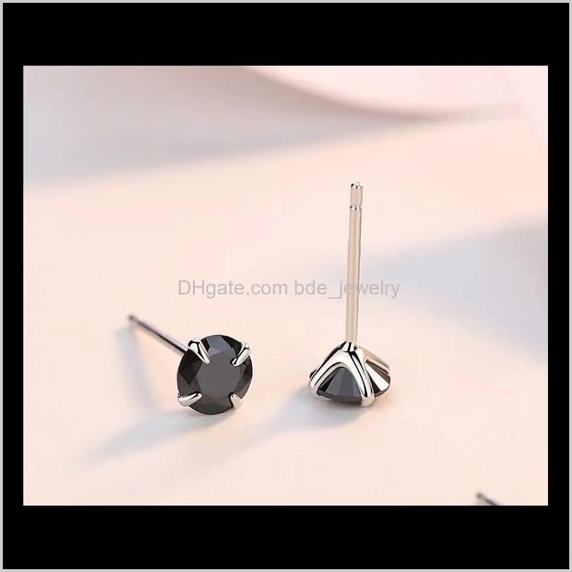 simple fashion jewelry 925 sterling silver black sapphire cz diamond gemstones solitaire women wedding party men stud earring