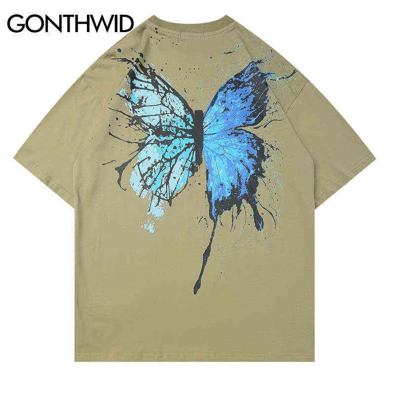 Gonthwid Graffiti Bläckfjäriltryck Streetwear Tshirts Hip Hop Fashion Casual Short Sleeve Tees T Shirts Män 2020 Sommar toppar G1229