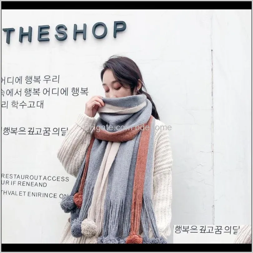 scarf women luxury new color-blocking striped cashmere wool scarf pure color knitted ball autumn winter warm shawl students1