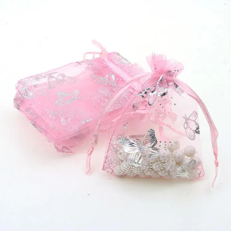 7x9cm Rosa Butterfly Bronzing Organza Smycken Populära Väskor Små Drawstring Pouches Pochette Tulle Bonbon 100pcs / Lot grossist