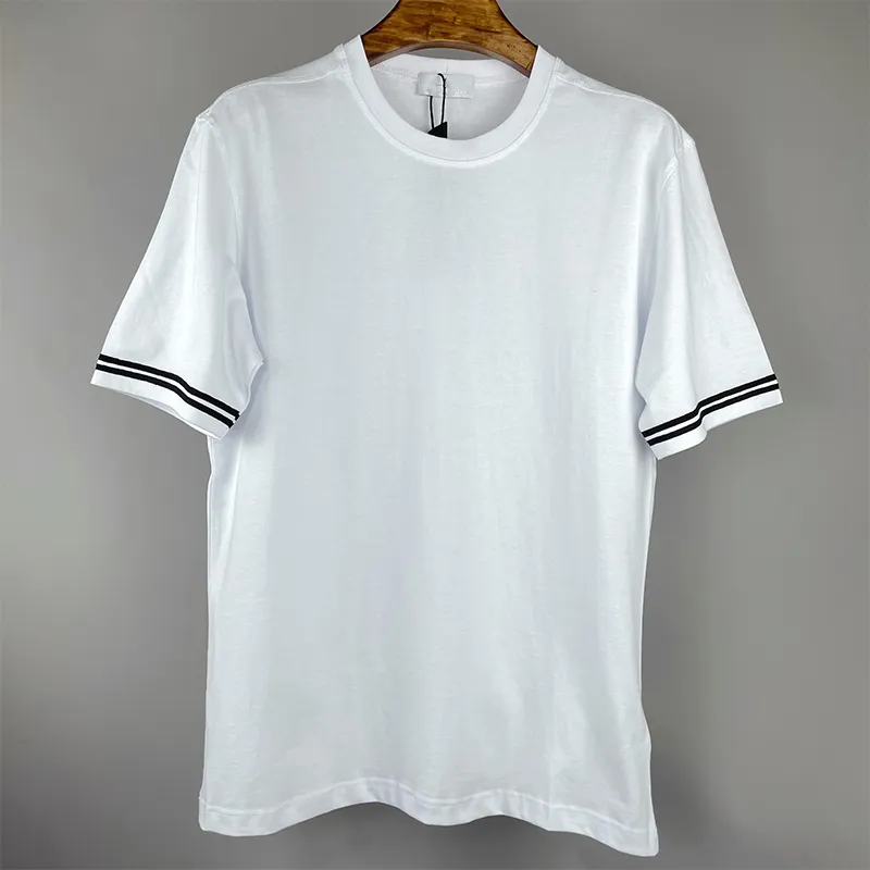 로고 자수가있는 남성용 폴로 셔츠 스트라이프 커프스 라운드 넥 느슨한 커플 반팔 캐주얼 티셔츠