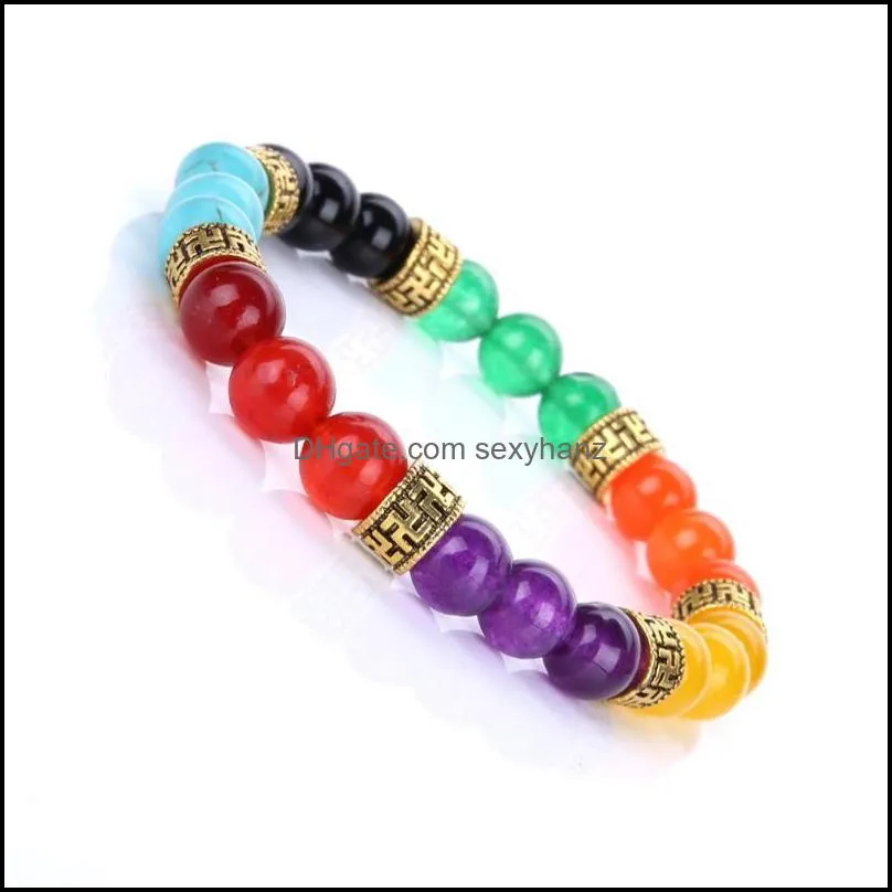 Natural Stone Seven Chakras Strand 8mm Purple Red Yellow Black Colorful Rainbow Beads Bracelet Buddha Stretch Yoga Men Jewelry Beaded,