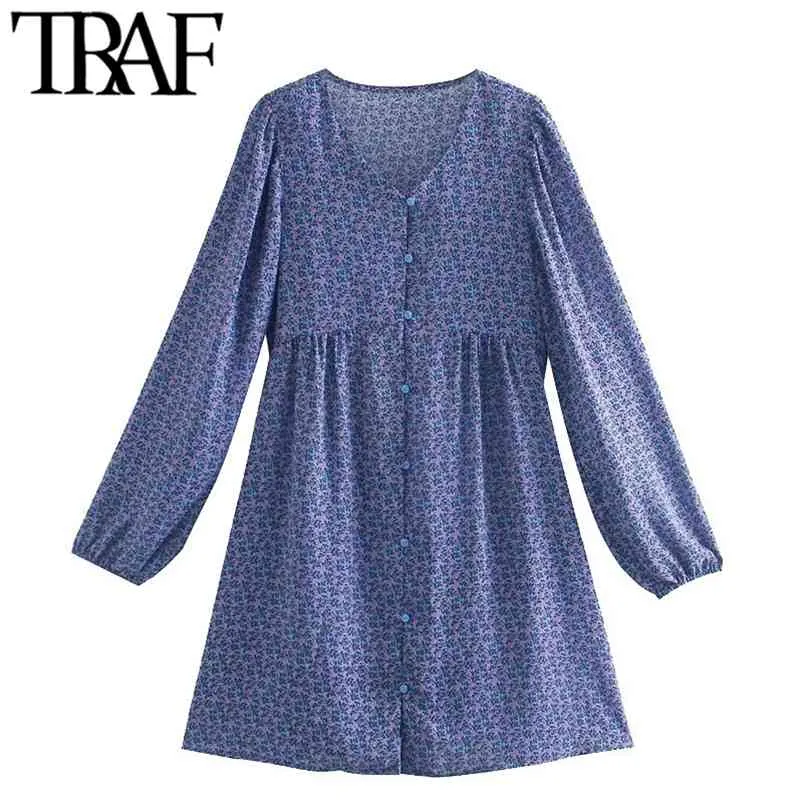 Femmes Chic mode avec bouton imprimé fleuri Mini robe Vintage col en V à manches longues femmes robes Vestidos Mujer 210507