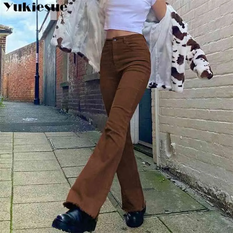 Streetwear Yüksek Bel kadin Moda Browm Kot Kadın Kız Kadınlar Flare Pantolon Pantolon Kadın Jean Femme Denim Bagge Anne Jeans 210715
