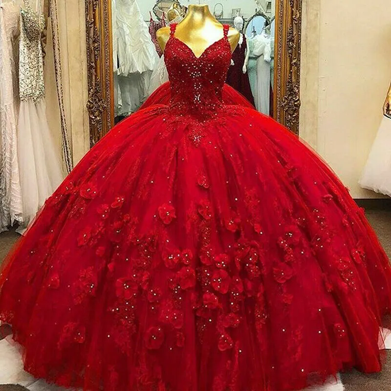 New Vintage Burgundy Quinceanera Dresses spaghetti strap Lace Appliques Flowers Crystal Beads Plus Size Puffy Ball Gown Party Prom Evening Gowns
