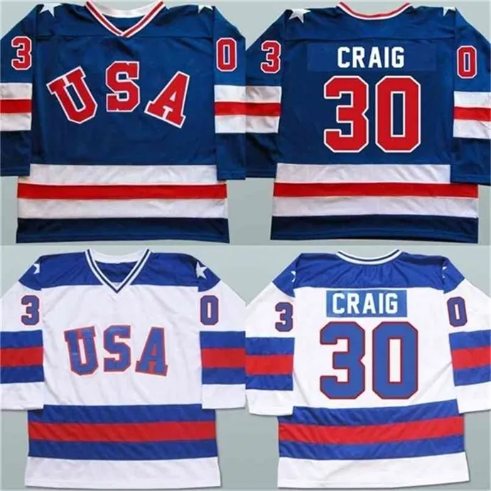 Thr Mens 30 Jim Craig Jersey 1980 기적의 아이스 하키 유니폼 100 % 스티치 자수 팀 미국 하키 유니폼 블루 화이트 S-3XL