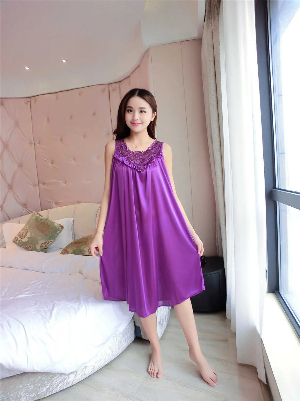 Plus Size 4XL Ladies Silk Satin Sleeveless Night Dress Mid-Calf Length Lace  Nightgown Sleepwear Women from Dhgate home clothing - price 20.53