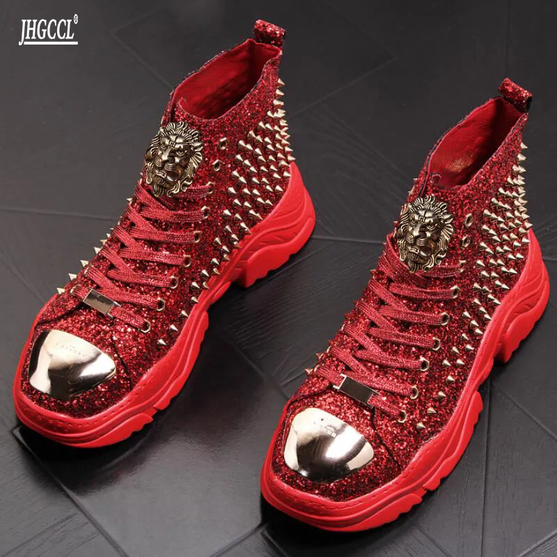 Botas de rebites de luxo sapatos masculinos sapatilhas de desenhador homens punk alto tops ouro vermelho luz fundo casual plataforma sapato zapatillas hombre