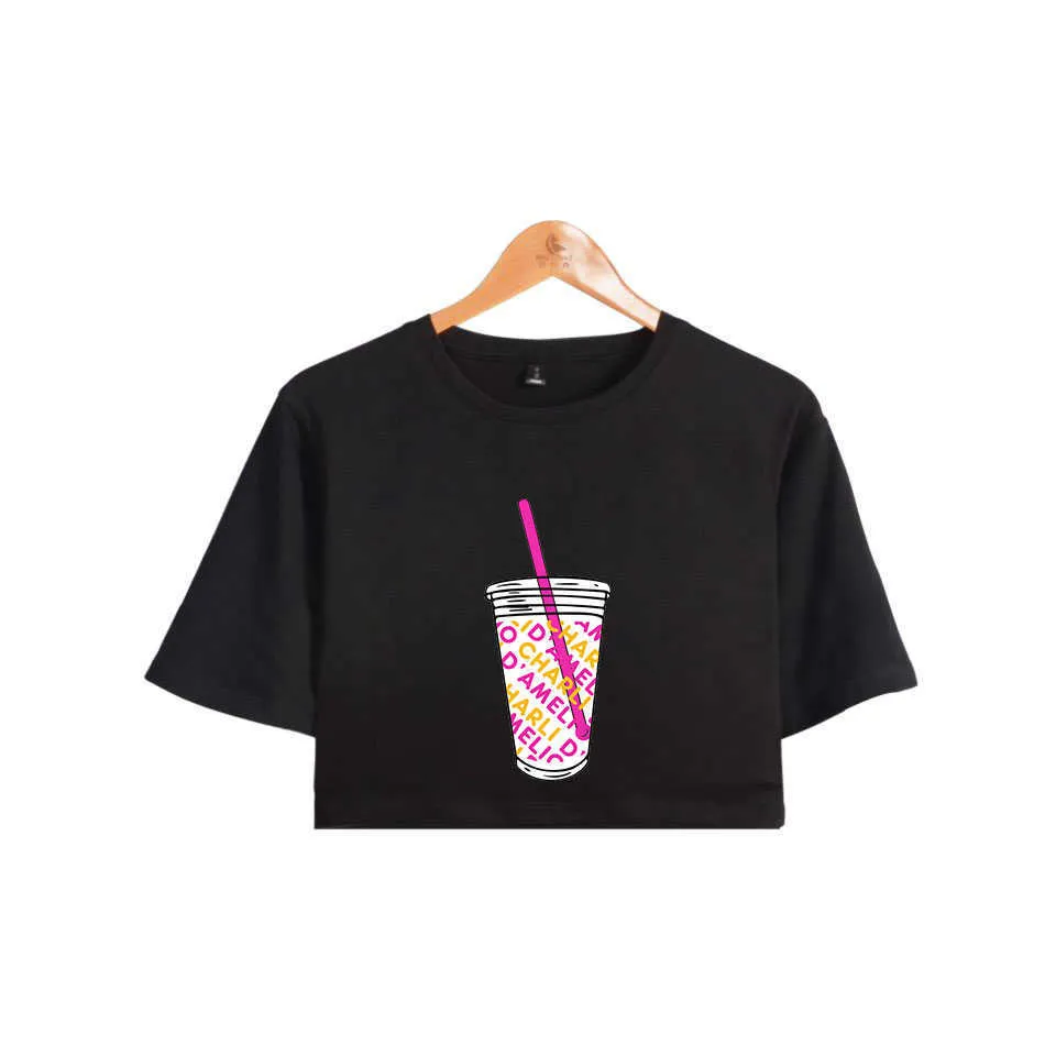 잘받은 아이스 커피 튄 T-Shrit charli d 'amelio 티셔츠 소녀 섹시한 charli damelio merch O-neck 작물 짧은 티셔츠 Y0621