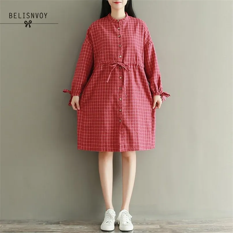 Printemps Automne Mori Girl Stand Col Robe Vintage Marine Rouge Plaid Femininos Robes Coton Lin Manches Longues Pour Femmes 210520