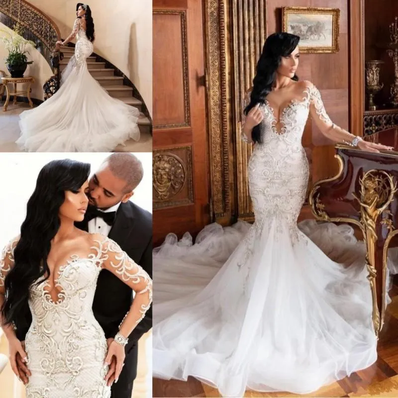 Africano Dubai Vestidos de Noiva Sereia Vestidos de Noiva Ilusão Mangas Compridas vestido de noiva Apliques de Renda Plus Size