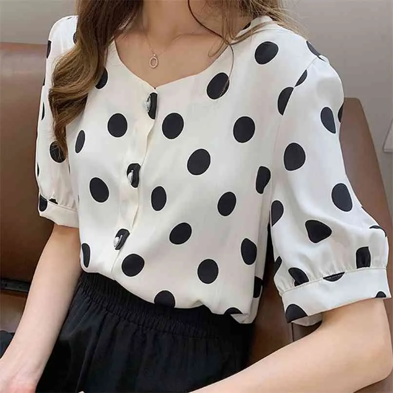 M-4xl Summer Style Retro Polka Dot Chiffon Shirt Kvinnor Kortärmad Singel Bröst Vit Svart Femme Stor Storlek 210601