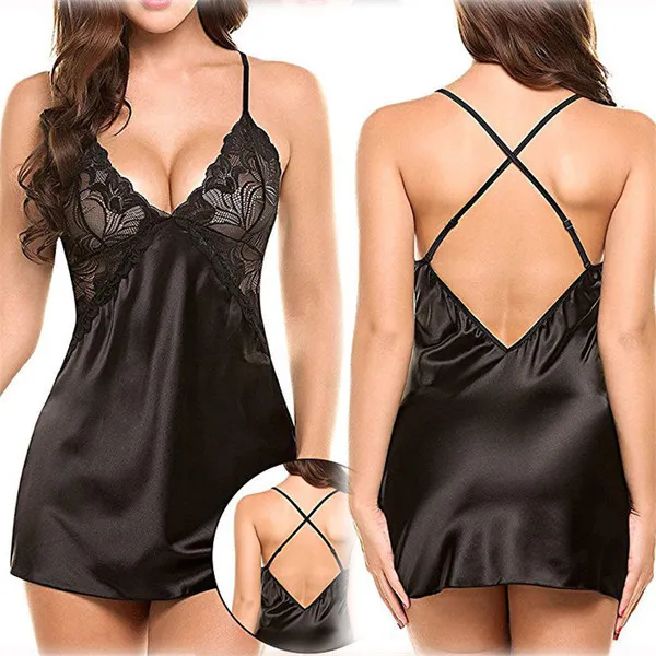 Lenceria érotique dos nu Sexy Lingerie dentelle femmes Satin vêtements de nuit en soie pyjamas Lingerie Sexy chaude érotique chemise de nuit Q0720