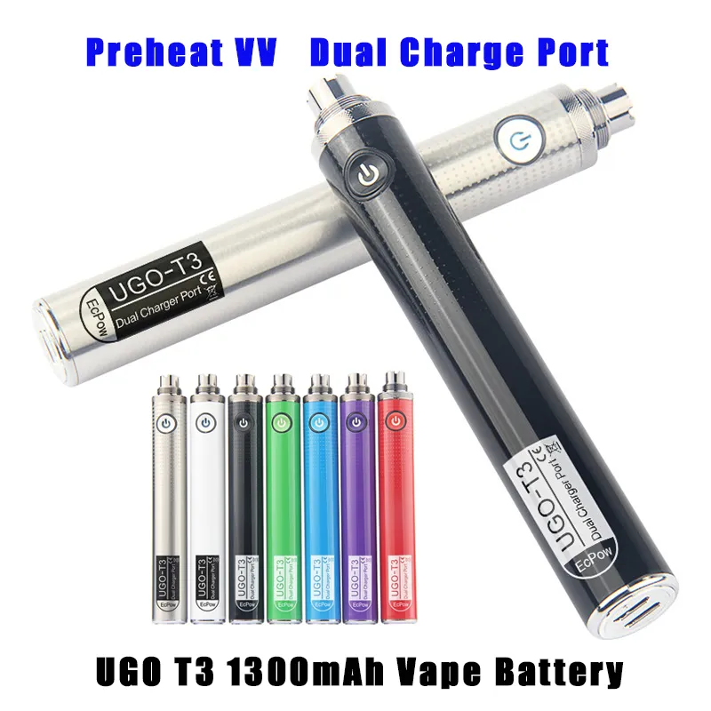 Batterie de préchauffage à 510 têtes eGo Twist Tension variable eVod 1300mah Vision UGO T3 Vape Pen Vaporisateurs Batteries