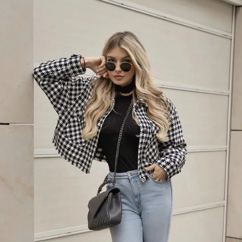 Mulheres Primavera Loose Houndstooth Casacos Curtos Do Outono Do Vintage Moda Senhoras Outhawear Jaquetas Oversized CHIC Feminina Tops 210521