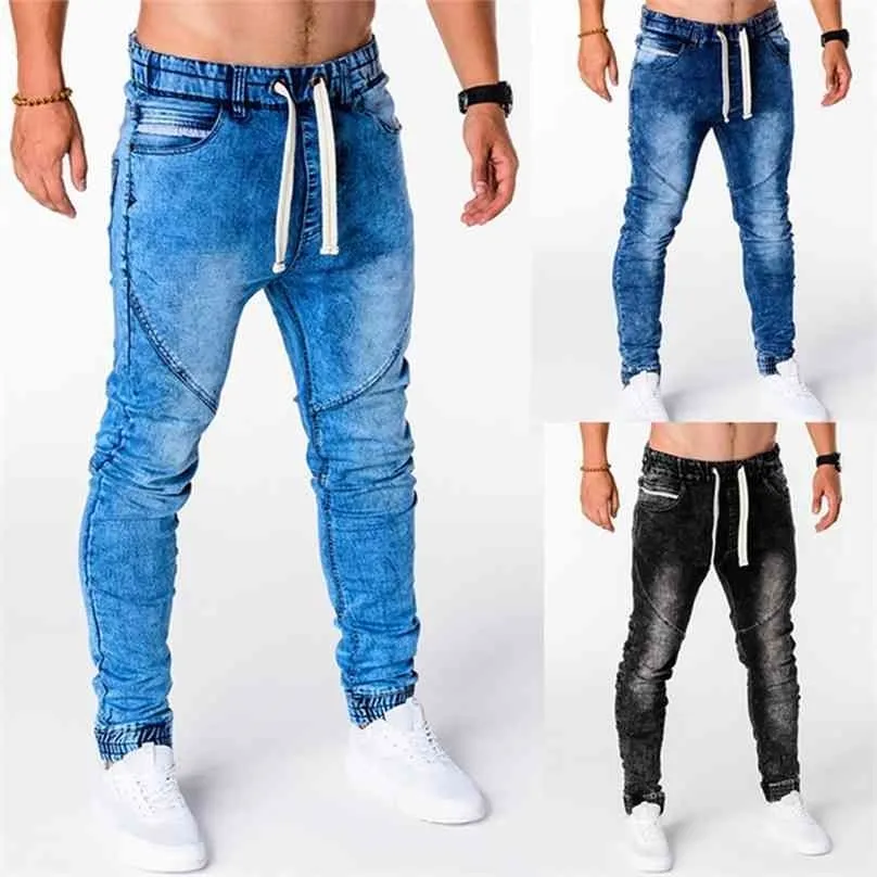 Men Jeans Drawstring High Waist Desighner Jean Pants Summer Mens Clothing Biker Straight Denim Washed Pant Trousers Black Blue 210716