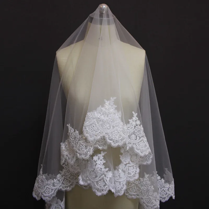 Bling Sequins Lace Chapel Wedding Veil WITHOUT Comb 2 Meters Long Mantilla Bridal Veil One Layer White Ivory Veil Headpieces X0726