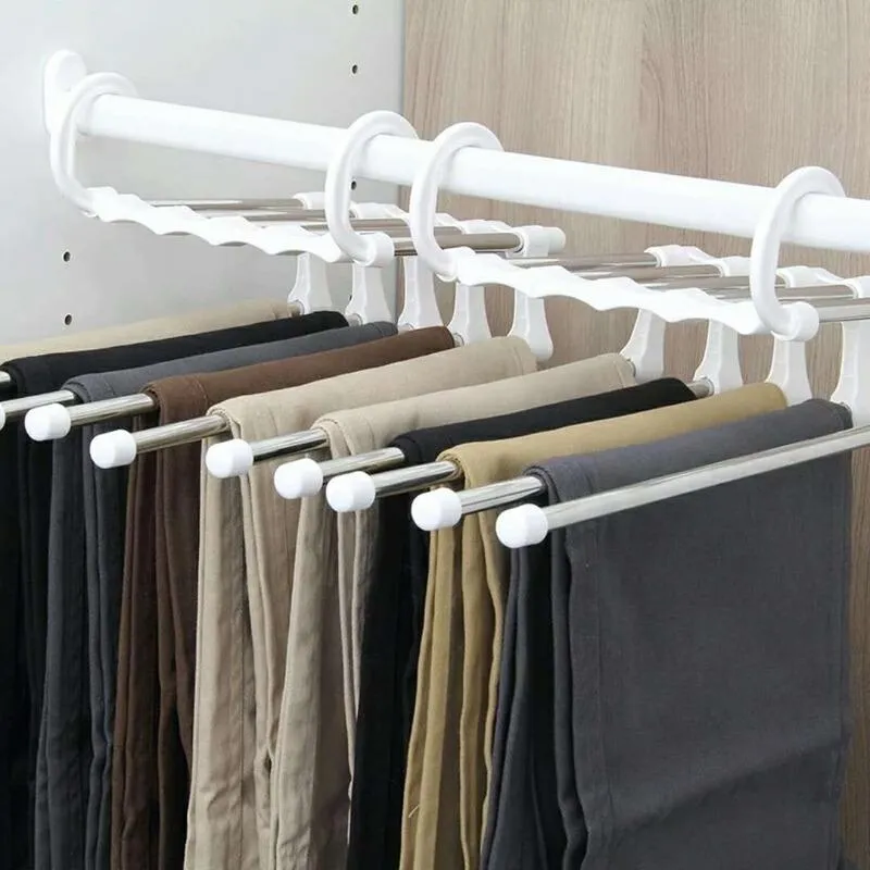 Hangers Rekken Multi-functionele 5 In 1 Broek Opbergrek Verstelbare Broek Stropdas Plank Closet Organizer Rvs Kleding H244r