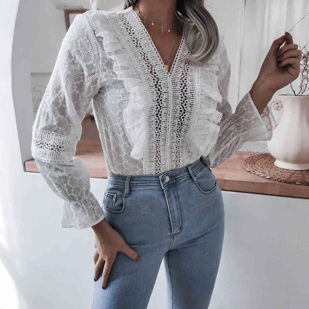 Chemise Pour Femmes Mode Ete Volee Evasee A Manches Longues Casual Chemise En Dentelle Top Vintage Blouse A Manches Longues Femmes Tops 210514 Du 28 98 DHgate