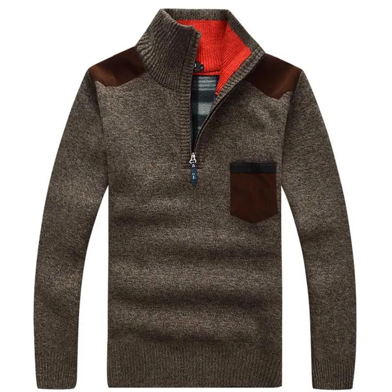 ウィンターメンズプルオーバーニットセーター男性ウールフリース厚いカジュアルプルオーバーパッチワーク暖かいポケットセーター立っているカラー211008