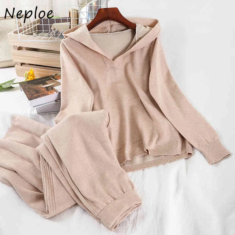 Neploe Casual Fashion Suit Autumn 2 Piece Set Hooded Loose Knitted Women Hoodies Solid Color Stretch Waist Wide Leg Pants 210423