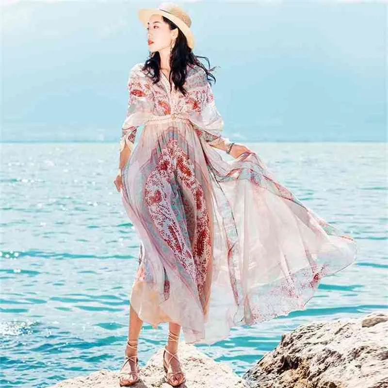 V-neck Batwing Sleeve Empire Fit and Flare Ankle-Length Dress Summer Long Women Vintage Print Chiffon es 210603