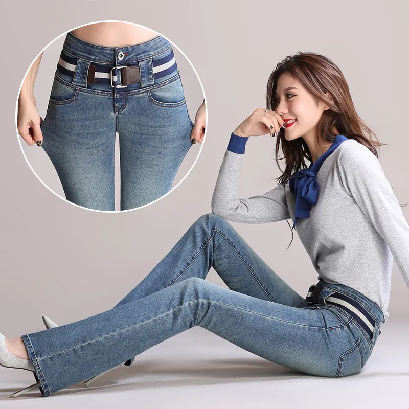 Primavera outono cintura alta micro la jeans mulheres esticar o abdômen calças sino tamanho grande slim calças largas