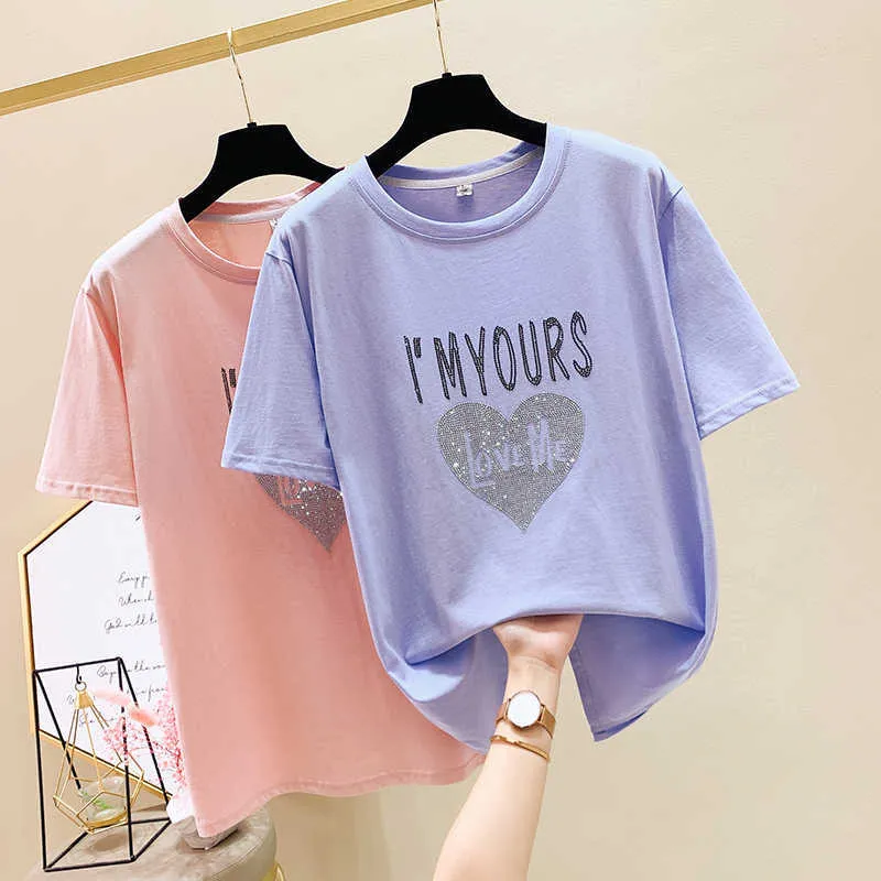 Sommar Plus-Store Kvinnors Kortärmad T-shirt Top Loose Casual Short Sleeve O Neck Brev Diamond Harajuku Bomull T-shirt Tees 210604