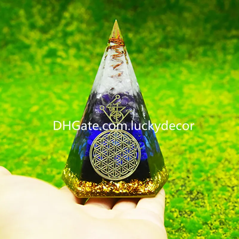 Очистить кристалл Lapis Lazuli Amethyst Orgone Conical Pyramid Arts Amethy State Coney Цветок жизни Оргонитная энергия генератор Feng Shui Chakra Удачи Удачи