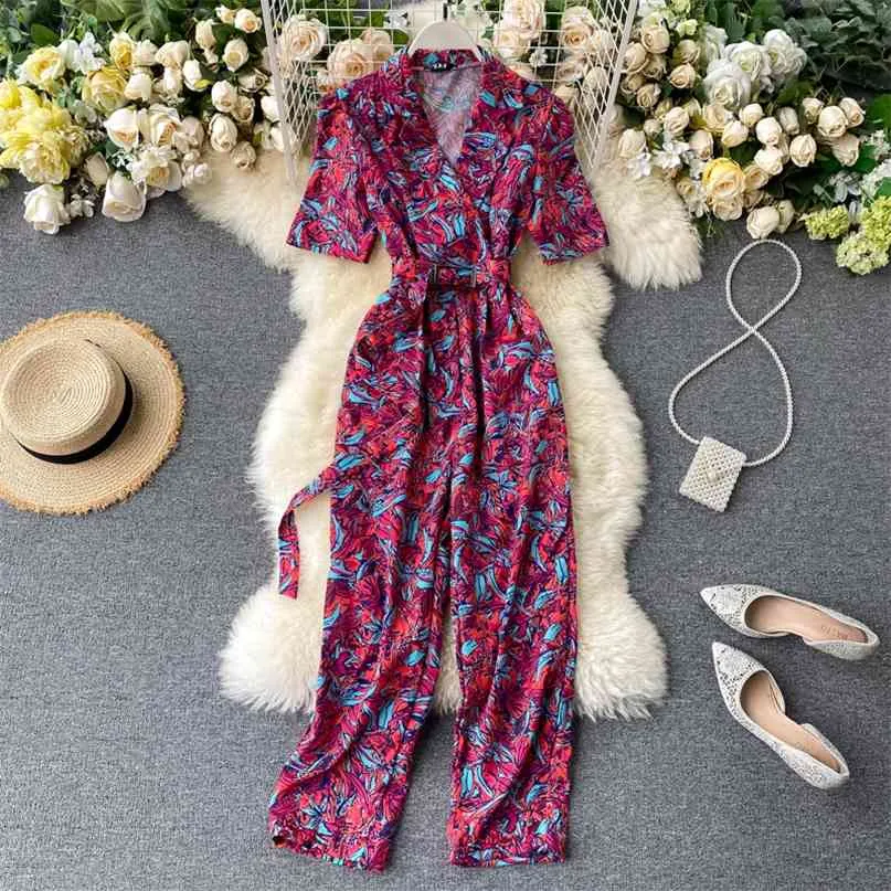 Ins Fashion Red Jumpsuit Women Retro Printed Suit Collar Lace-up High Waist Wide Leg Overalls L606 210527