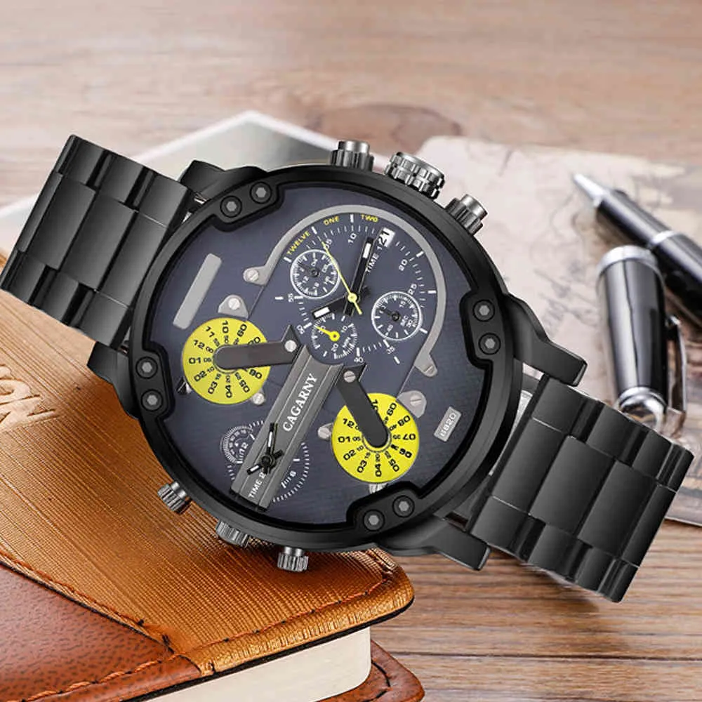 very cool dz big case mens watches full steel band dual time zones miltiary watch men quartz wrist watch free shhipping (2)
