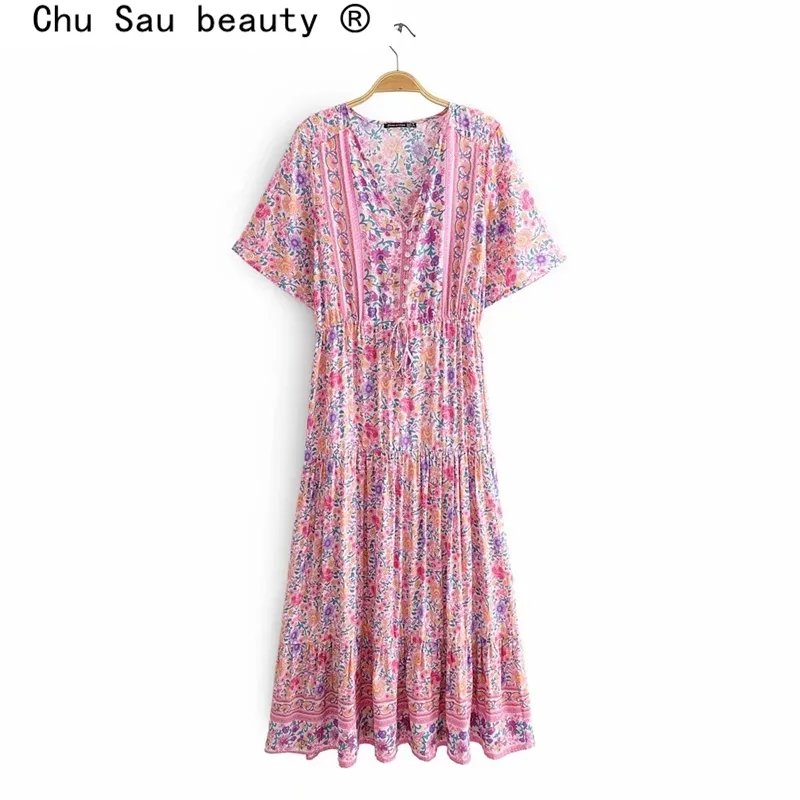 Belleza Moda Boho Pink Floral Print Midi Vestido Mujeres Playa Chic Vintage Vestidos Largos Mujer Verano Vacaciones Desgaste 210514