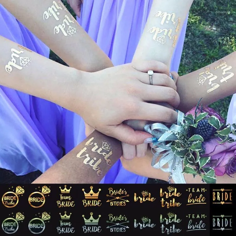 Подарочная упаковка 10 шт. Невеста Команда Золотые наклейки Временная татуировка наклеивания, чтобы стать свадебными вечеринками.