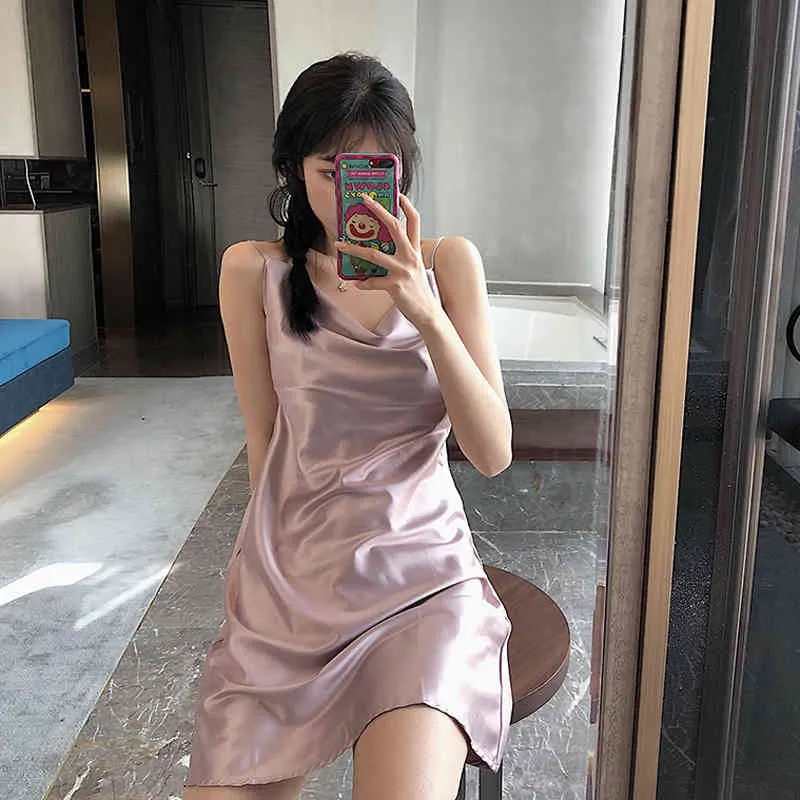 Dresses Summer Fashion Korean Wild Sexy Bottom V Neck Spaghetti Strap Pink Slik Dress Women Mini Sleeveless Satin Vestidos 210429