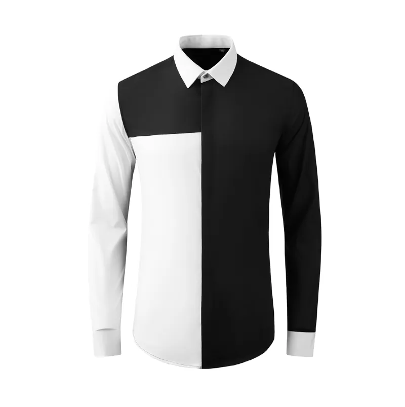 Black and white stitching contrast color Slim 80% Cotton Men shirt long sleeve collar chemise homme Brand Male Dress Shirts