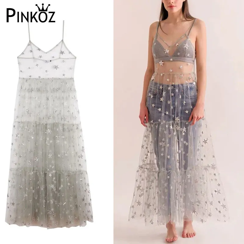 Robe à paillettes élégante pentagramme été sexy spaghetti sangle transparente maille princesse tulle robes de soirée 210421