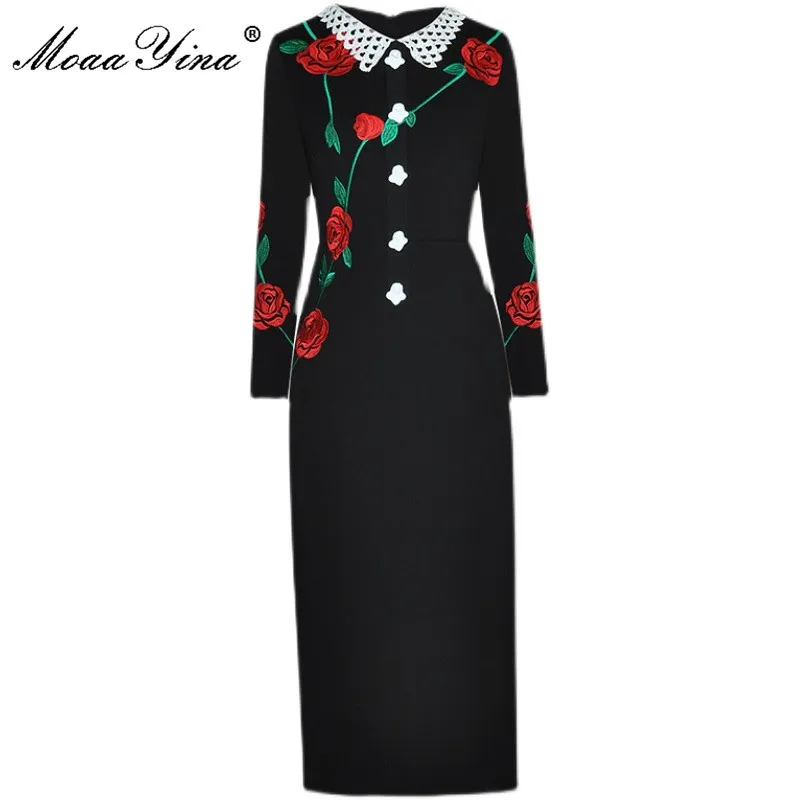 Sommar Mode Runway Elegant Party Dress Kvinnor Långärmad Blommor Broderad Slim Black Mid-Length Pencil 210524