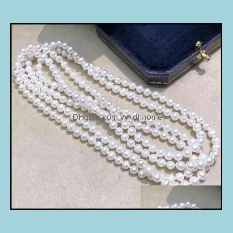 8-9mm White Natural Pearl Beaded Necklace 100inch Women`s Gift Jewelry