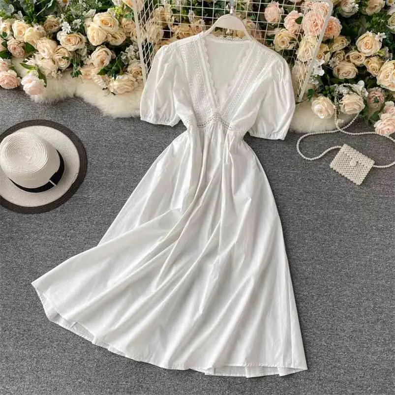 Summer Women Elegant Relaxed V-neck A-line Medium Long Dress Hollow Out Flower Puff Sleeve Short High Waist 210430
