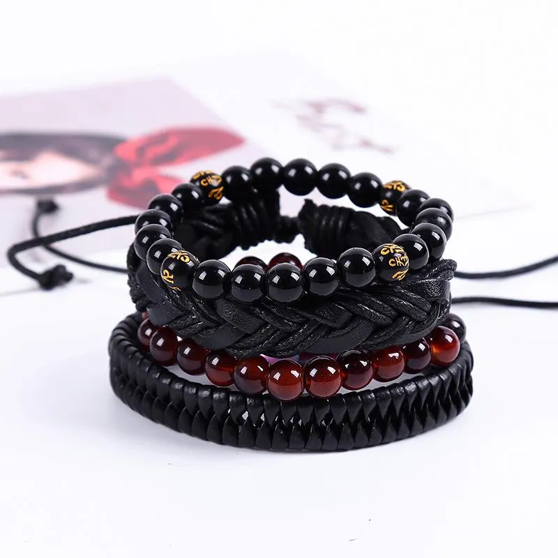 Beaded, Strands 8mm Beaded 4pcs Armband för män Handgjorda vävt Strand Läder Braclet Multilayer Justerbar Antik Braslet Hombre Smycken