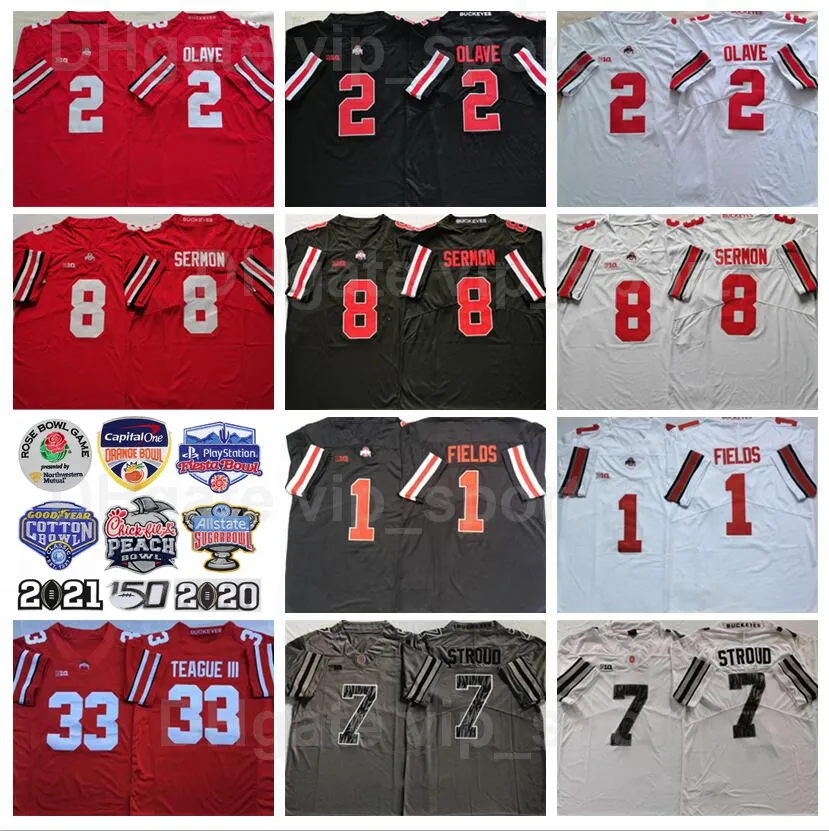 NCAA College Ohio State Buckeyes 7 CJ Storal Jersey Men Football 8 Trey Sonmon 2 Chris Olave 1 Justin Fields 33 Master Teague III 홈 레드 블랙 화이트 그레이 대학교