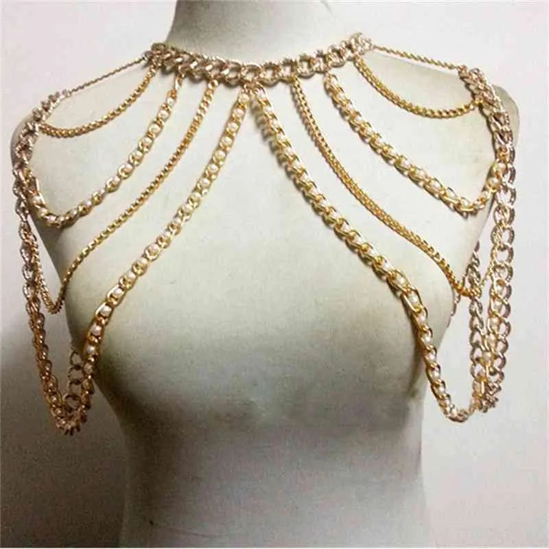 Chran Mode Frauen Sexy Gold Farbe Körper Halskette Kette Charme Multi Layer Faux Perle Schulter Sklave Bauchgürtel Harness Schmuck