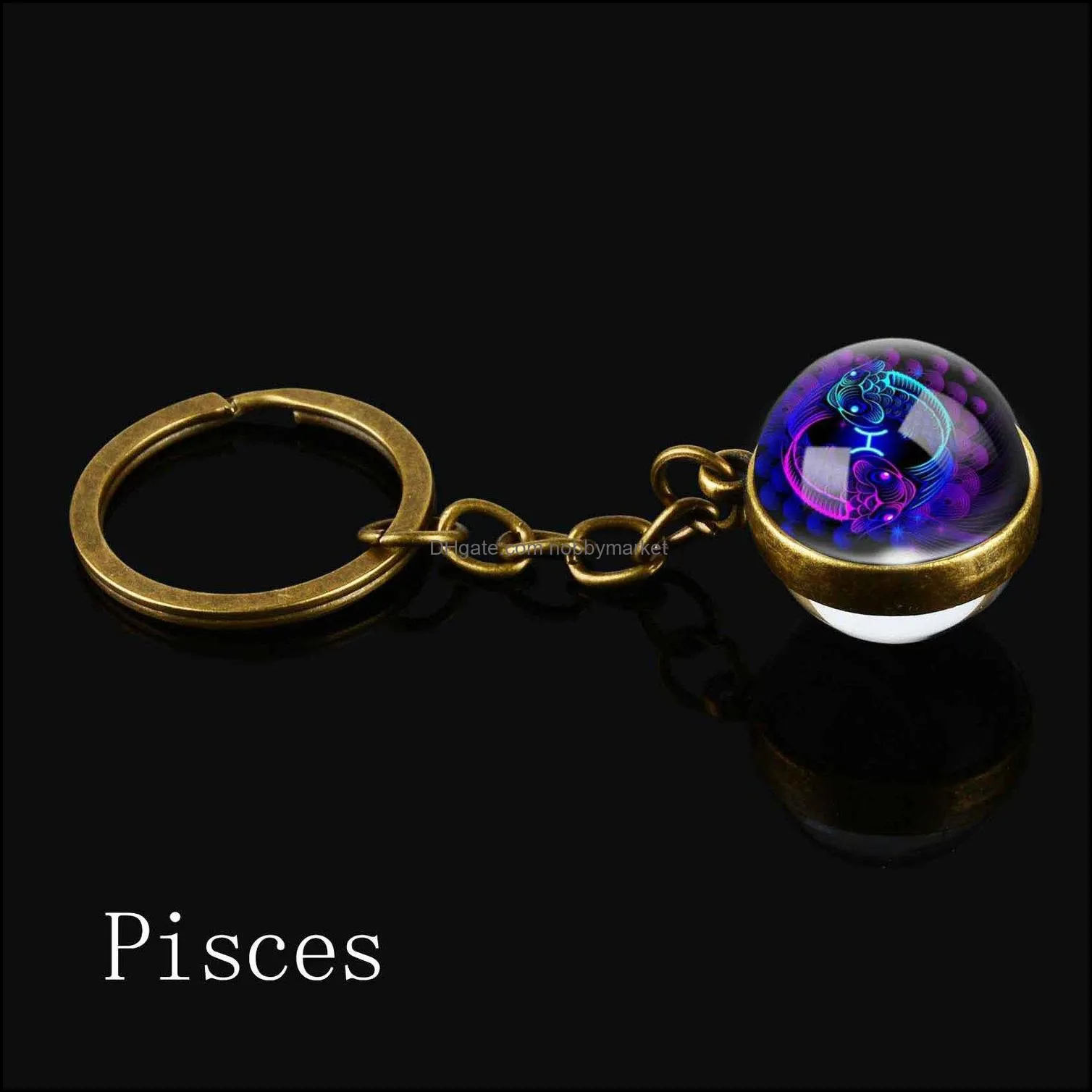 12 Constellation Signs Keychain Aquarius Pisces Aries Taurus Gemini Cancer Leo Libra Scorpio Double Side Glass Ball Keychain